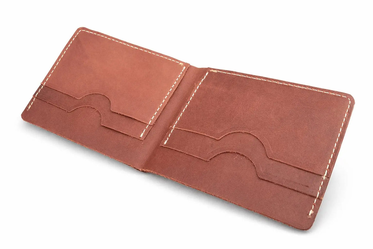 Minimalist handmade-style slim wallet with rustic stitching and card pockets