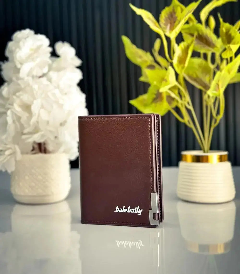 Men's bifold wallet with metal corner accent, ID window, card slots and cash storage