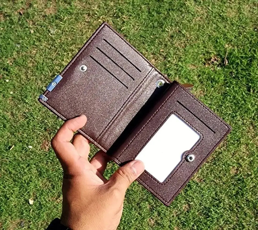 Men's bifold wallet with metal corner accent, ID window, card slots and cash storage