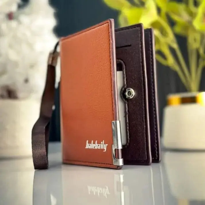 Men's bifold wallet with metal corner accent, ID window, card slots and cash storage