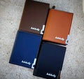 Men's bifold wallet with metal corner accent, ID window, card slots and cash storage