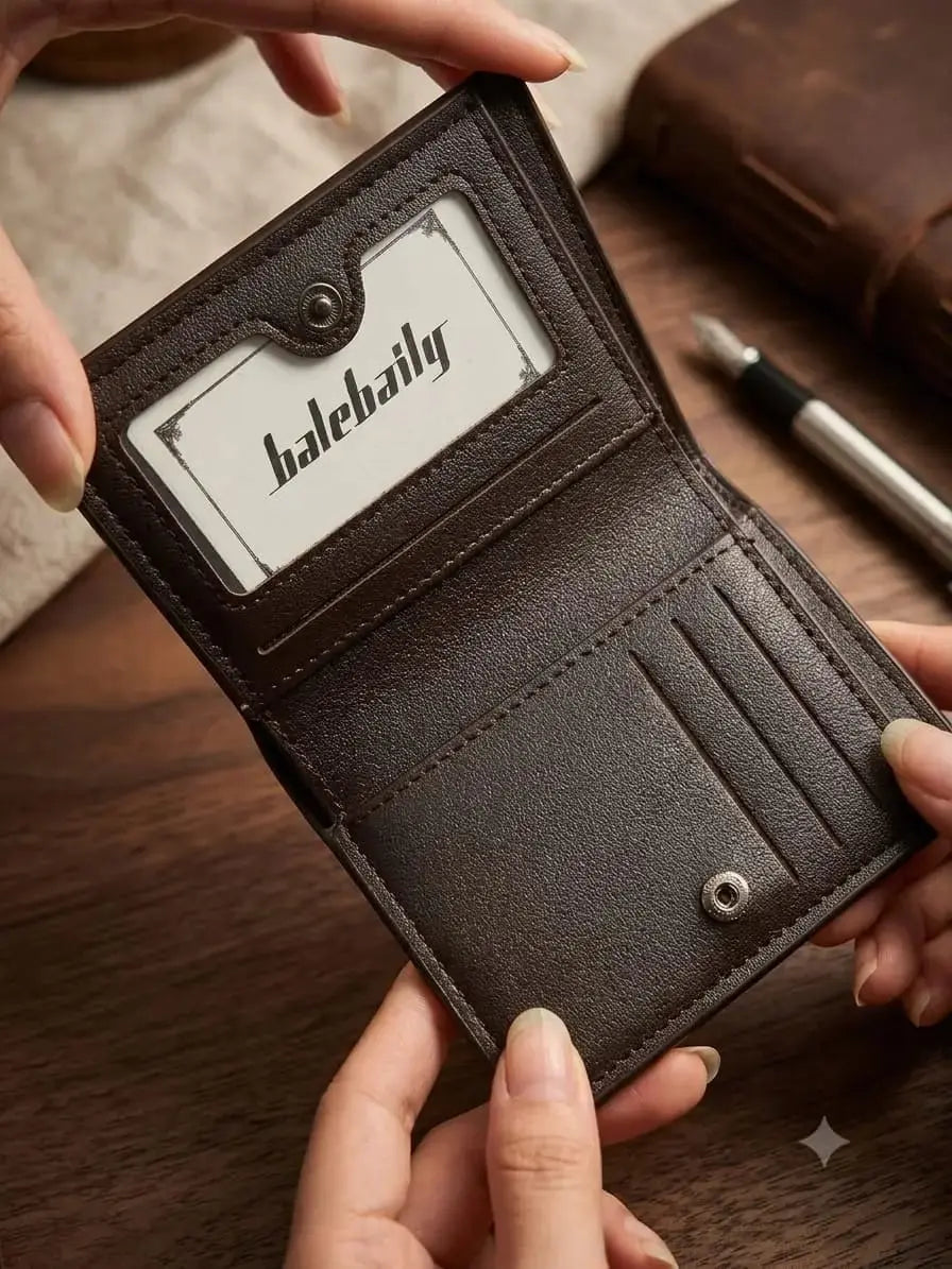 Men's bifold wallet with metal corner accent, ID window, card slots and cash storage