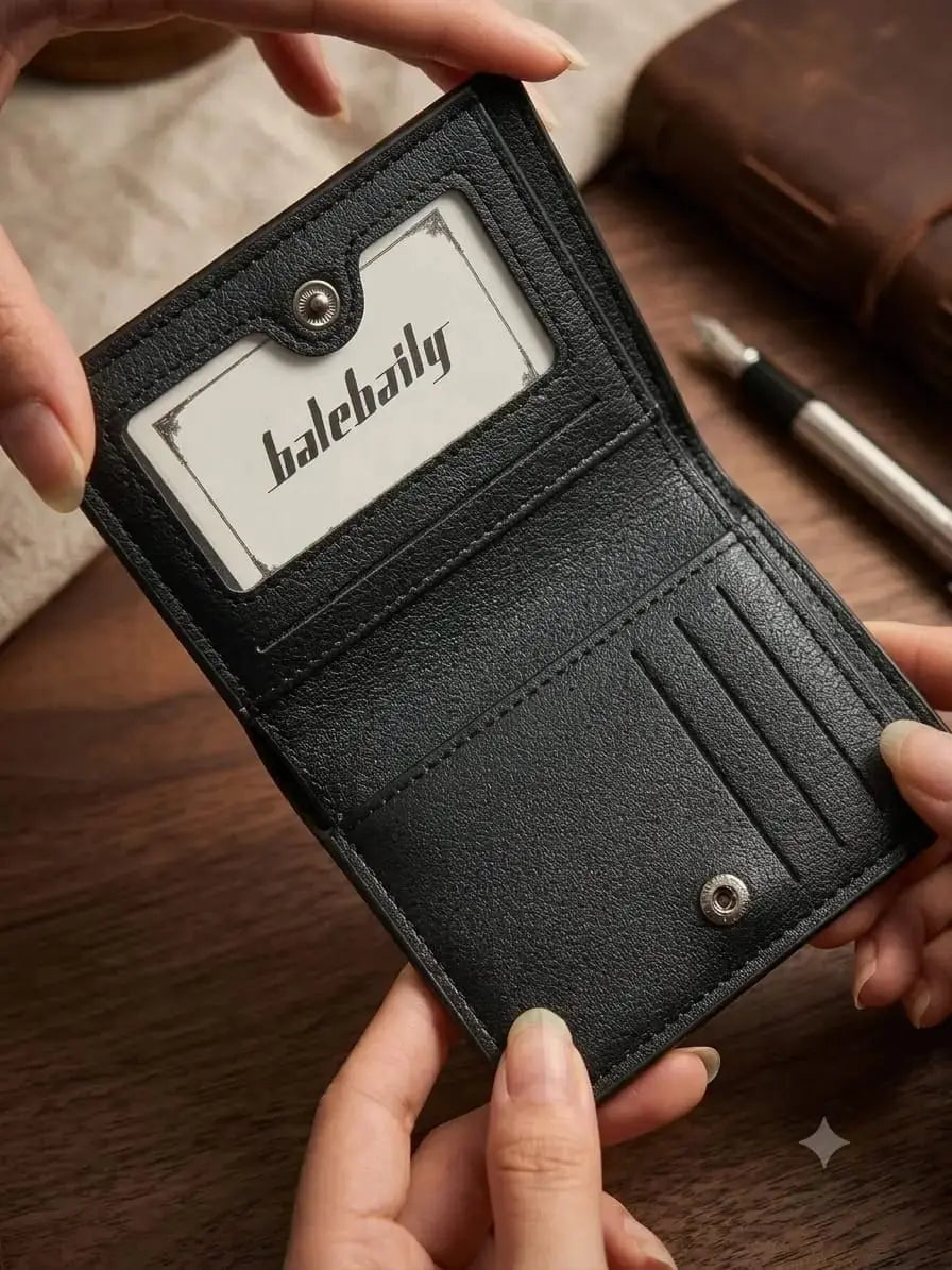 Men's bifold wallet with metal corner accent, ID window, card slots and cash storage